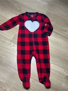Carter's Red and Black Buffalo Plaid Fleece Heart Footed One-Piece